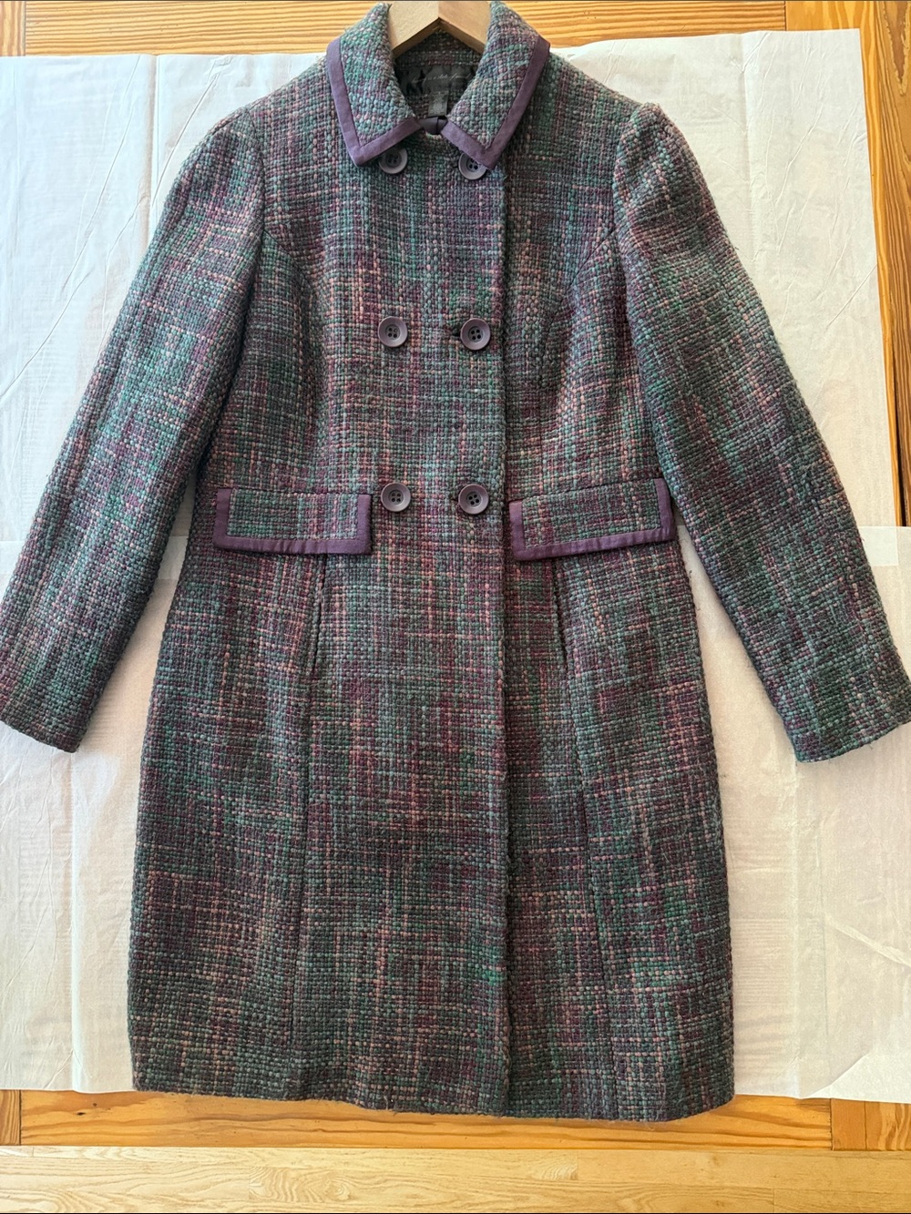 Apostrophe Double-Breasted Tweed Pea Coat in Plum and Green